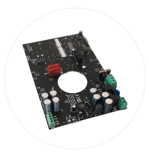 Minos controller PCB on grey background surrounded by a circle
